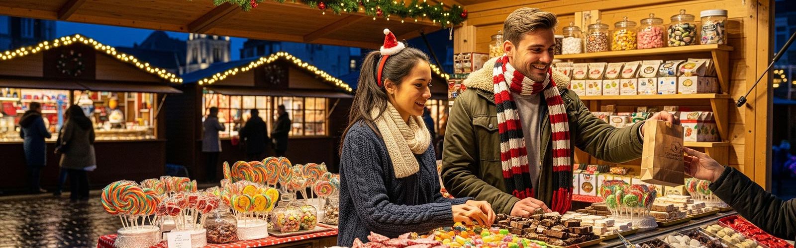 Couple de commerçant sur le marché de Dunkerque dans leur chalet vente de friandise