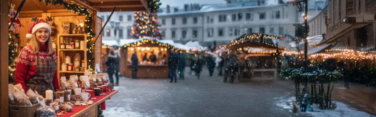 Commerçante dans son chalet en bois sur le marché de Noël de Gravelines