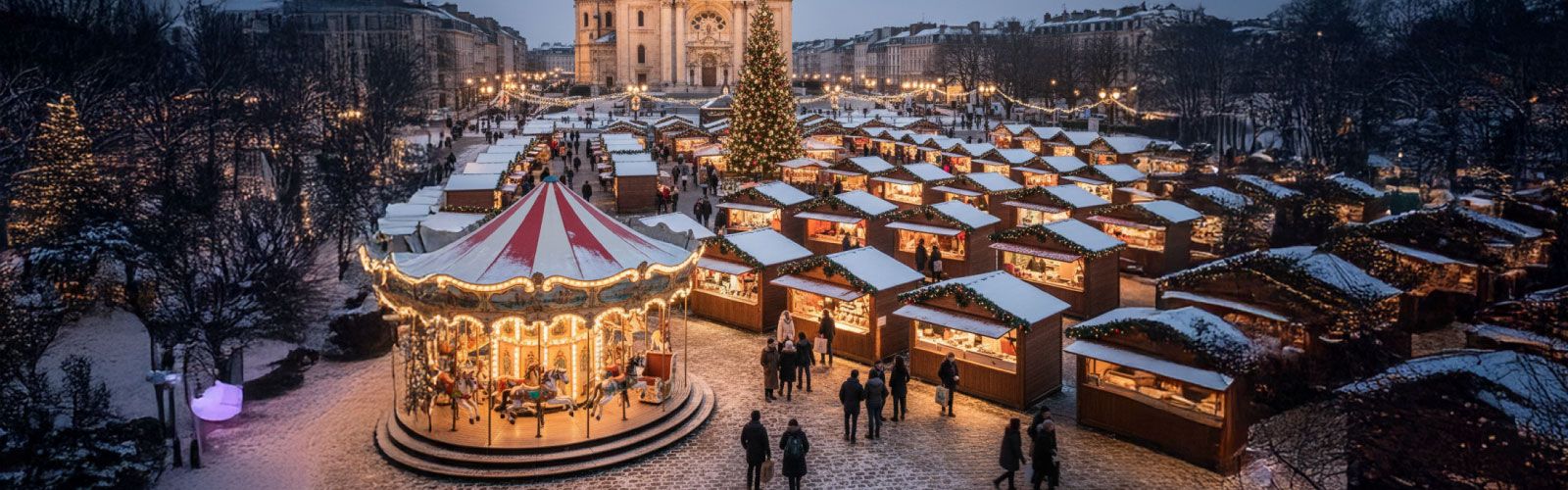Vue complète aérienne du marché de noël à Boulogne-sur-mer
