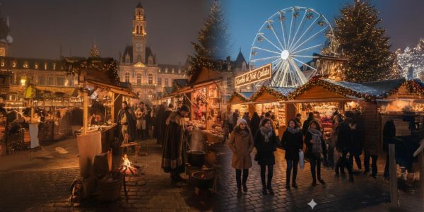 Vue dans deux époques d'un marché de Noël