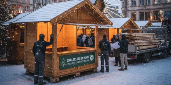 Equipe d'installation de chalet pour marché de Noël en location