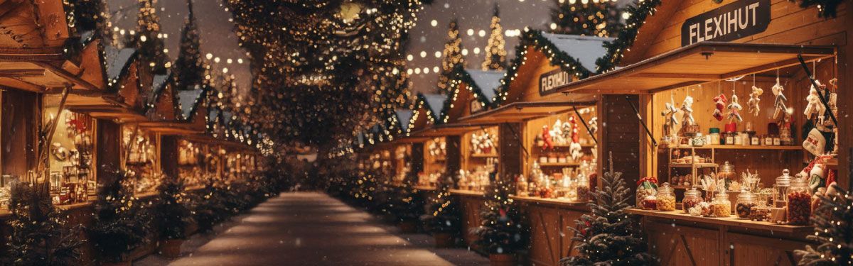représentation de chalet de noël en bois en location alignés en profondeur