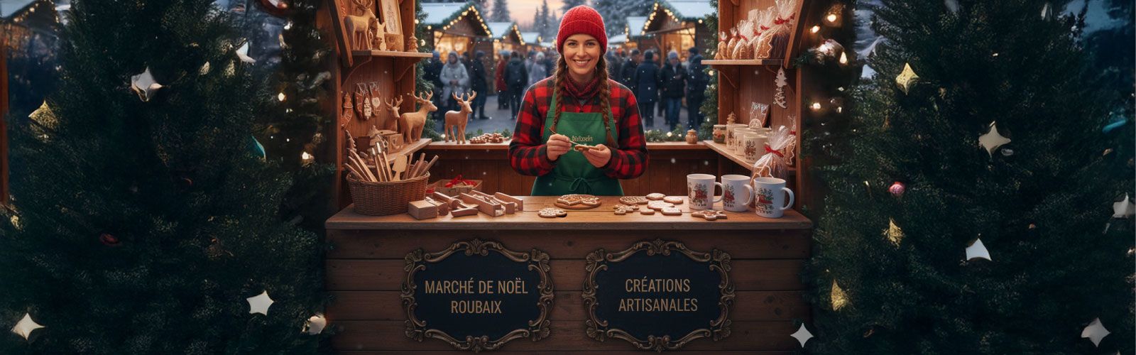 Vendeuse dans un chalet en bois en location sur le marché de Noël à Roubaix