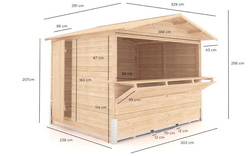 CHalet en bois avec les dimensions indiqué dessus