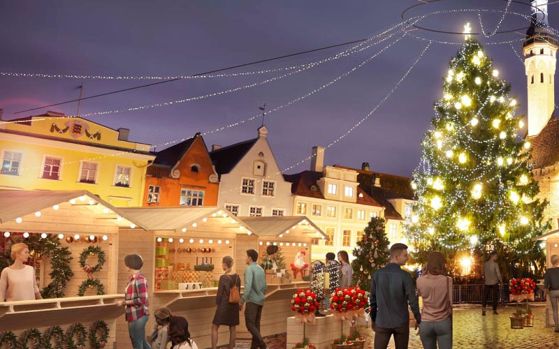 Vu d'un marché de noel en 3 d avec des chalets pliables en bois