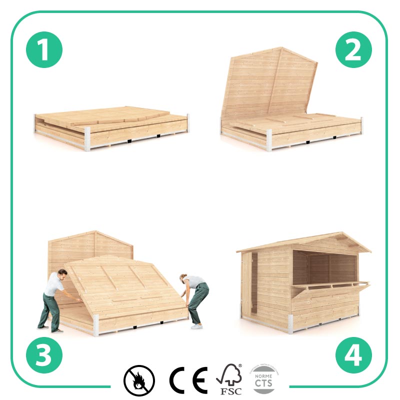 Shématisation du montage d'un chalet pliable en bois pour Noël