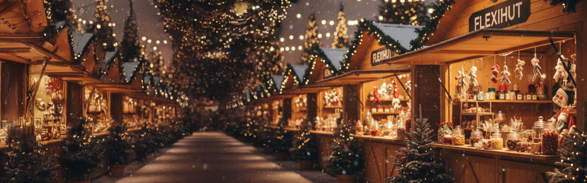 représentation de chalet de noël en bois en location alignés en profondeur