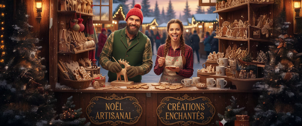 Un couple jeune d'artisan dans un chalet en bois sur le marché d'Amien