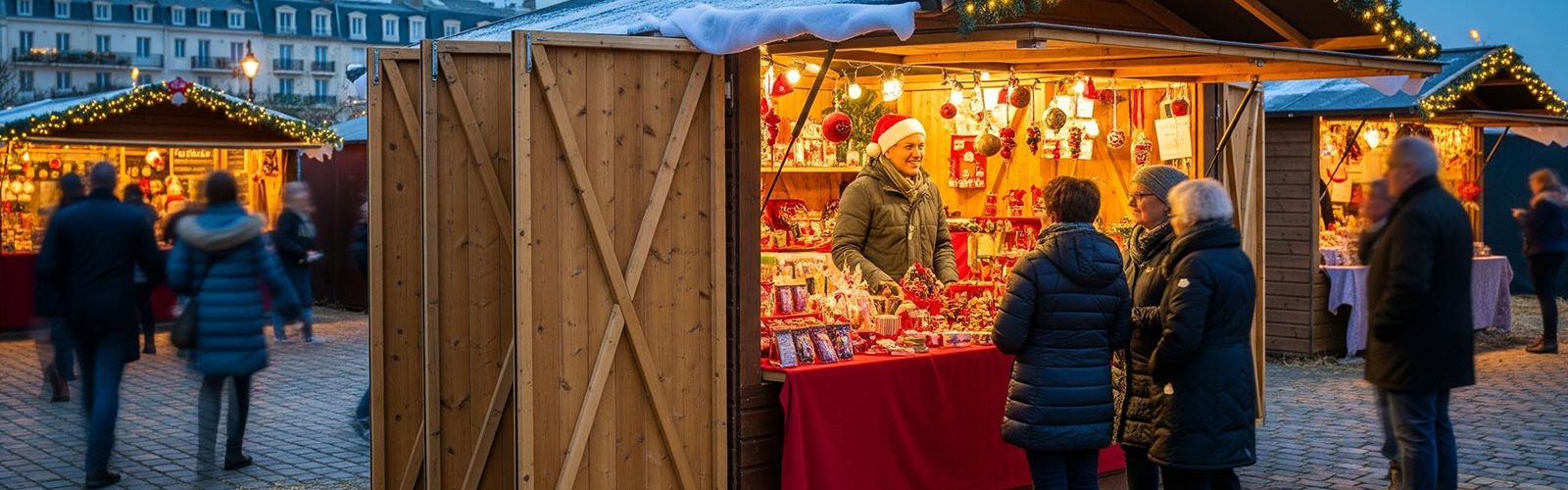 Vu d'un chalet en bois en location sur le marché de Noël du Touquet Paris Plage
