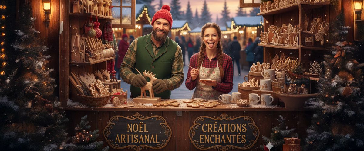 Un couple jeune d'artisan dans un chalet en bois sur le marché d'Amien