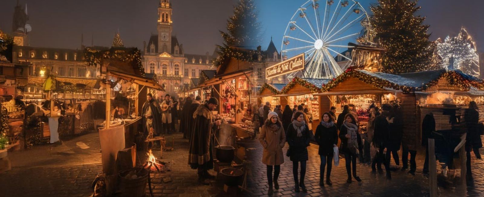 Vue dans deux époques d'un marché de Noël